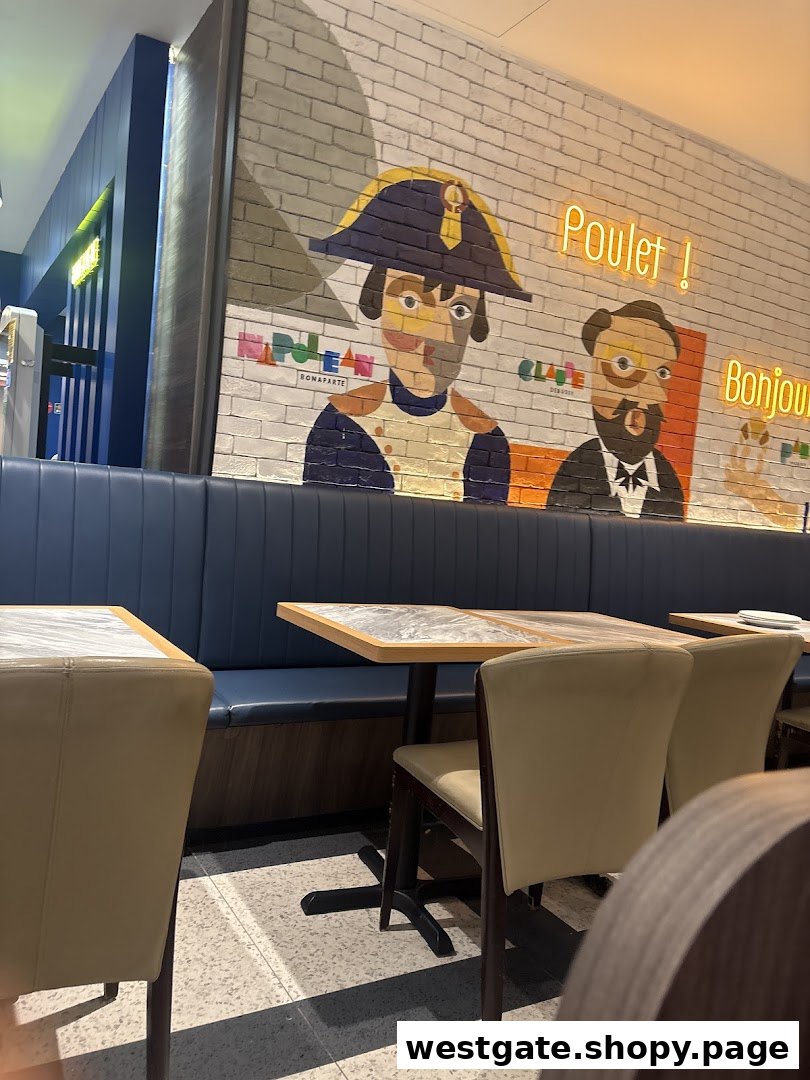An inviting interior shot of Poulet - Westgate, featuring comfortable booth seating, tables, and a vibrant brick wall mural.