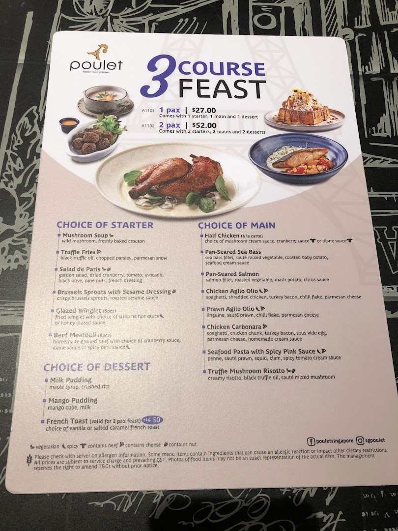 A detailed menu for Poulet's 3-Course Feast, showcasing various starter, main, and dessert options.