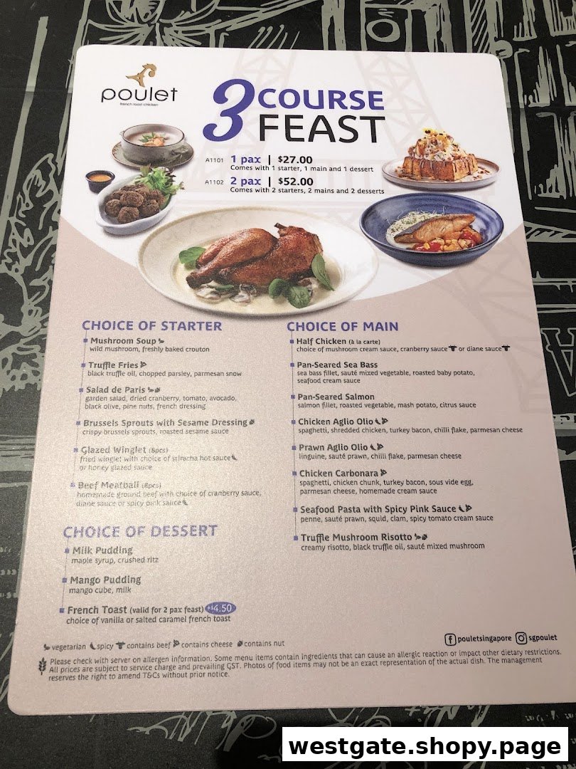 A detailed menu for Poulet's 3-Course Feast, showcasing various starter, main, and dessert options.