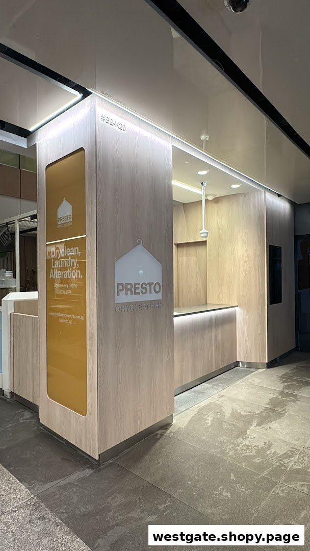 The modern and well-lit storefront of Presto Drycleaners, offering garment care services.