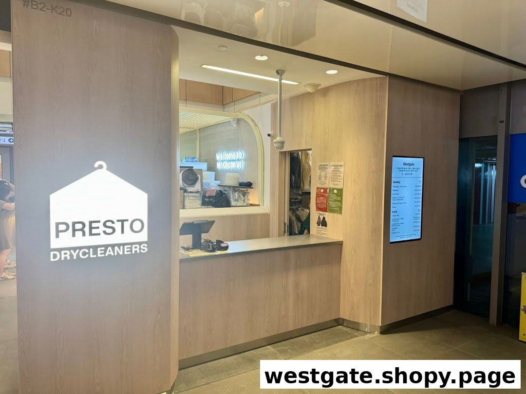 The modern and clean shop front of Presto Drycleaners, featuring its prominent logo and service counter.