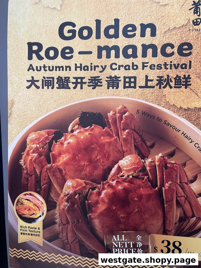 A promotional poster for Putien's 'Golden Roe-mance Autumn Hairy Crab Festival' featuring steamed hairy crabs.