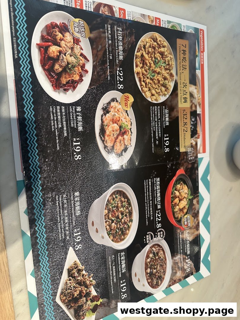 A vibrant menu page showcasing various oyster and seafood dishes with prices and descriptions.