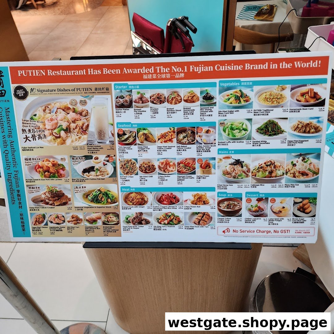 A detailed menu board for PUTIEN restaurant, showcasing various Fujian cuisine dishes with prices and images.