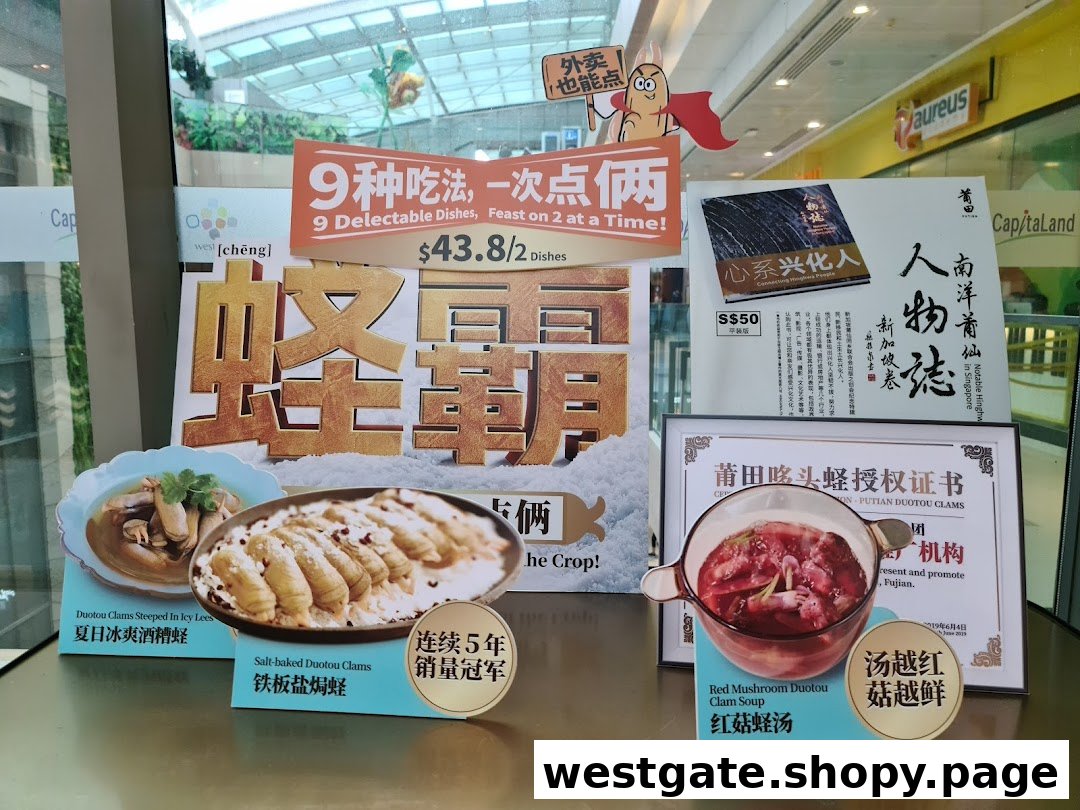 A promotional display showcasing various clam dishes and a special offer from PUTIEN restaurant.