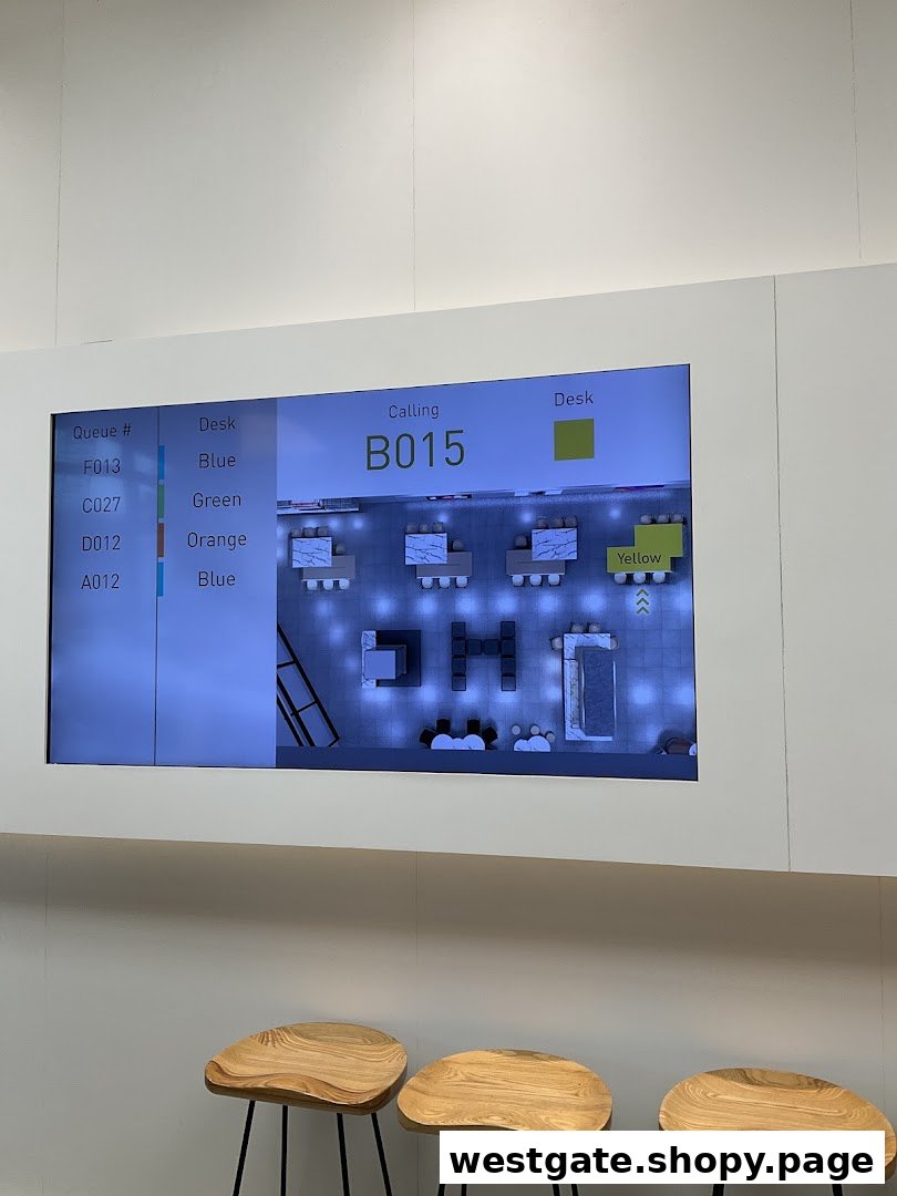 A digital screen displaying a customer queue system and service area layout, with wooden stools for waiting.