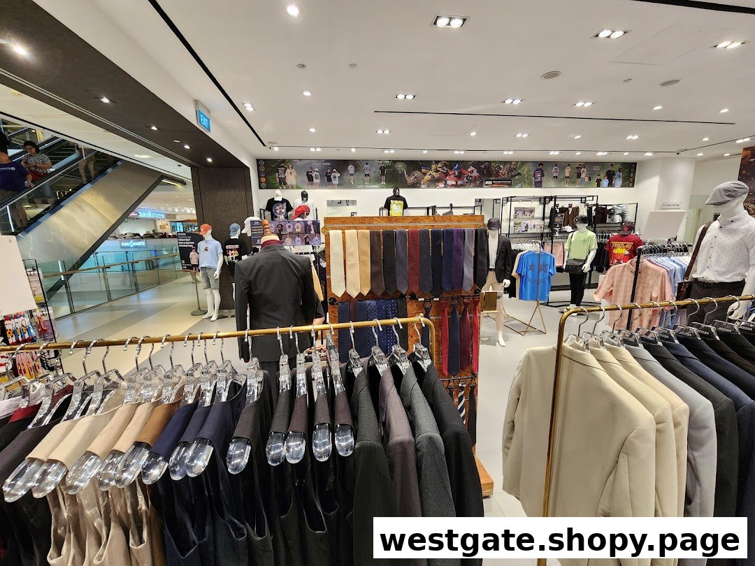 Interior view of a clothing store showcasing men's apparel, including suits, shirts, and ties on racks and mannequins.