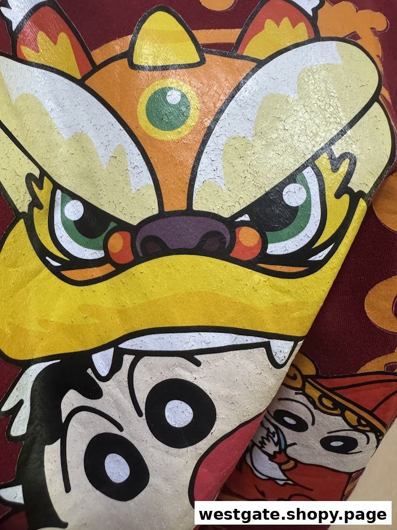 Close-up of a vibrant graphic print featuring a lion dance head and cartoon characters on fabric.