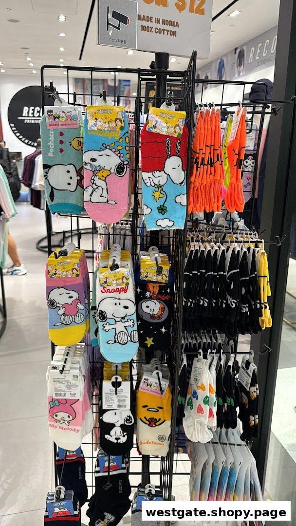 A display rack inside RECOIL shop featuring a variety of colorful character socks, including Snoopy and Sanrio.