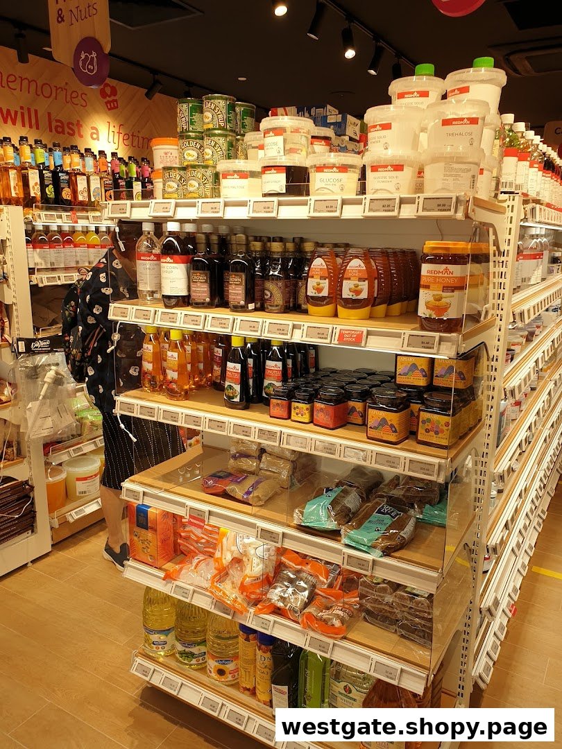 Shelves stocked with a wide variety of baking ingredients and food products at RedMan by Phoon Huat.