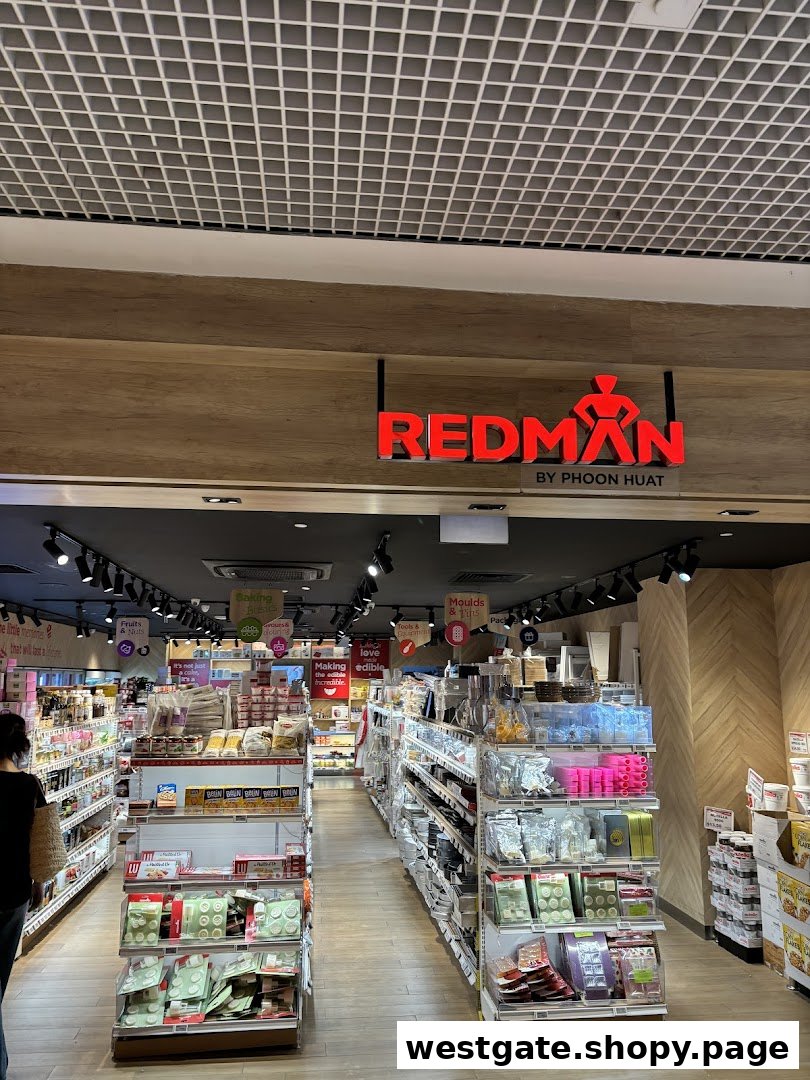 The entrance of RedMan by Phoon Huat, a baking supplies store, with a view of its well-stocked interior.