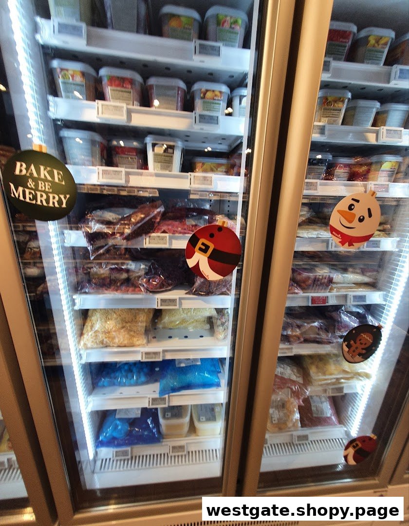 Refrigerated display cases filled with baking ingredients and products, adorned with festive Christmas decorations.