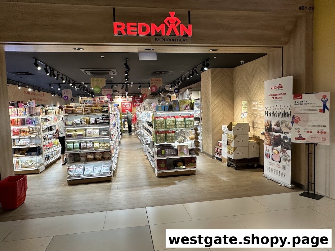 The entrance of RedMan by Phoon Huat, a baking supplies store, with aisles of products visible inside.