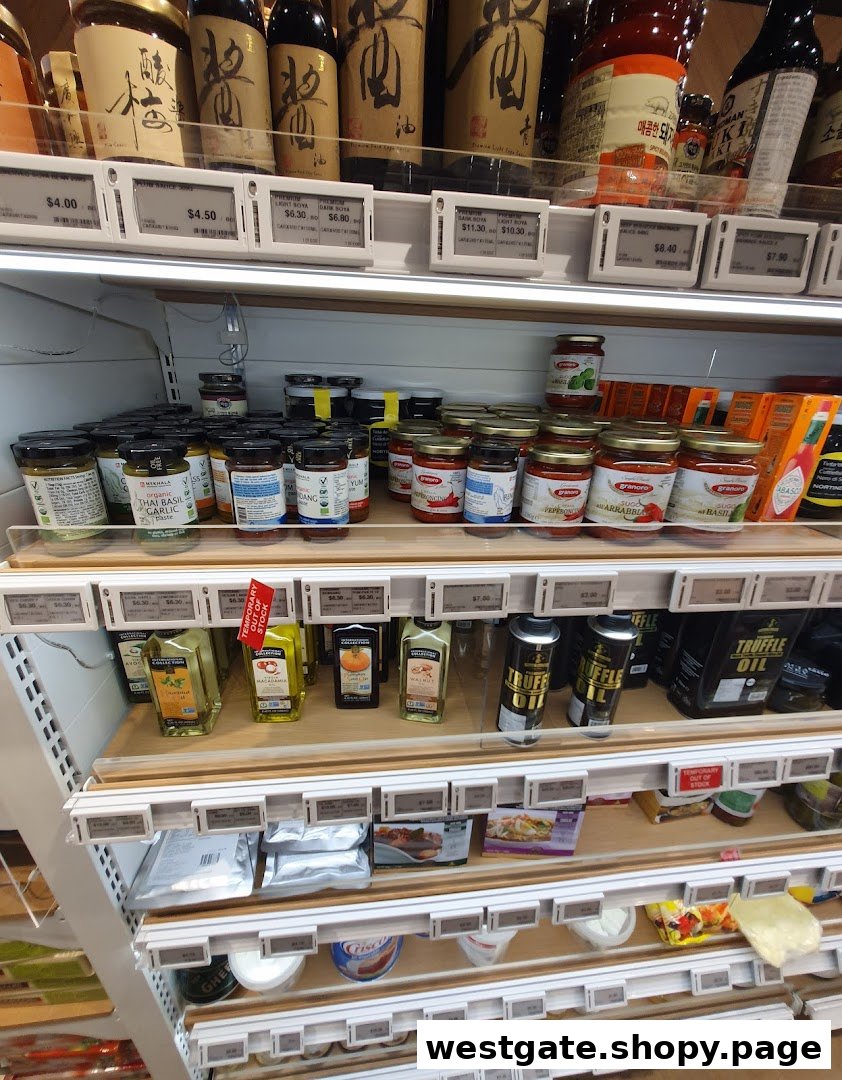 Shelves stocked with a variety of gourmet sauces, oils, and cooking ingredients at RedMan by Phoon Huat.