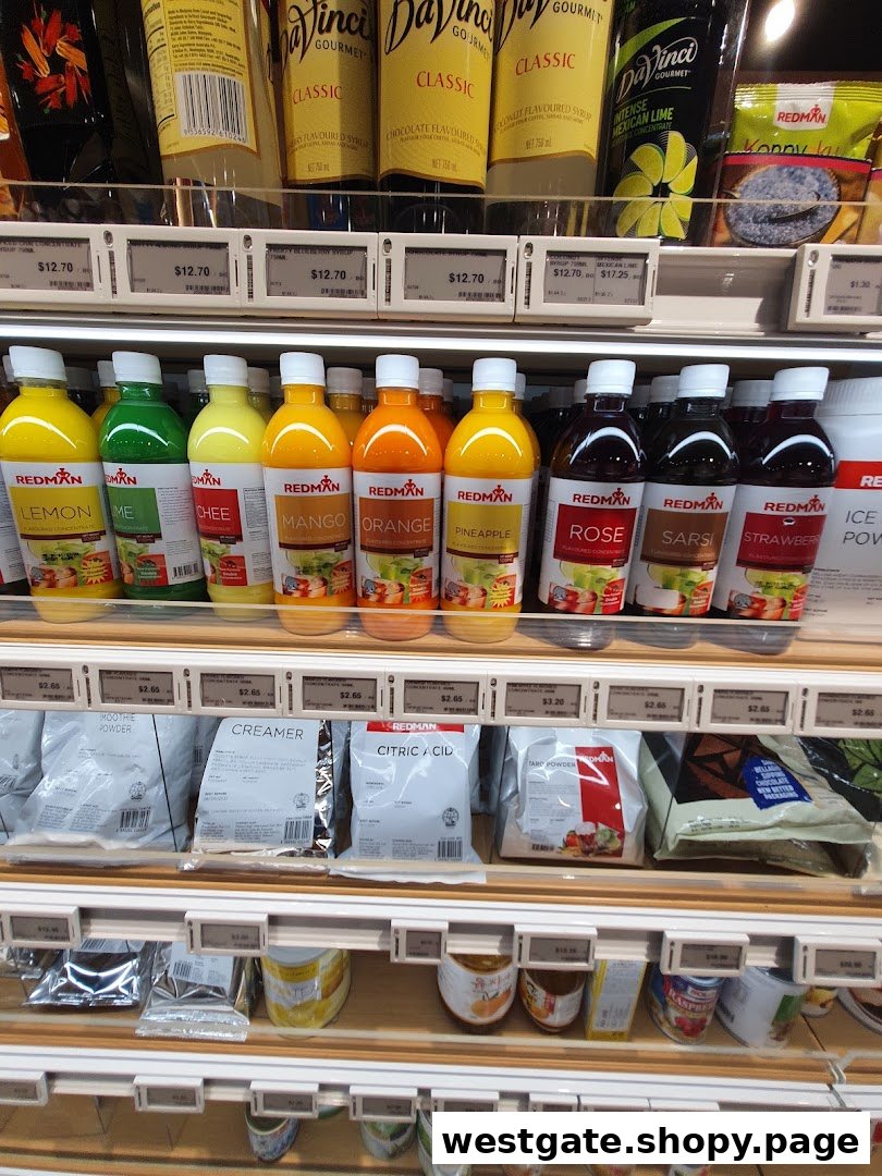 Shelves stocked with RedMan brand beverage concentrates, syrups, and baking ingredients.