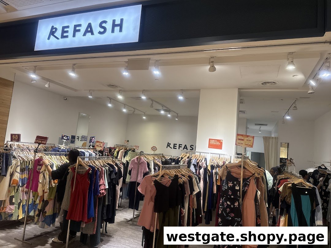 The entrance of REFASH Westgate, showcasing racks of preloved clothing and a customer browsing.