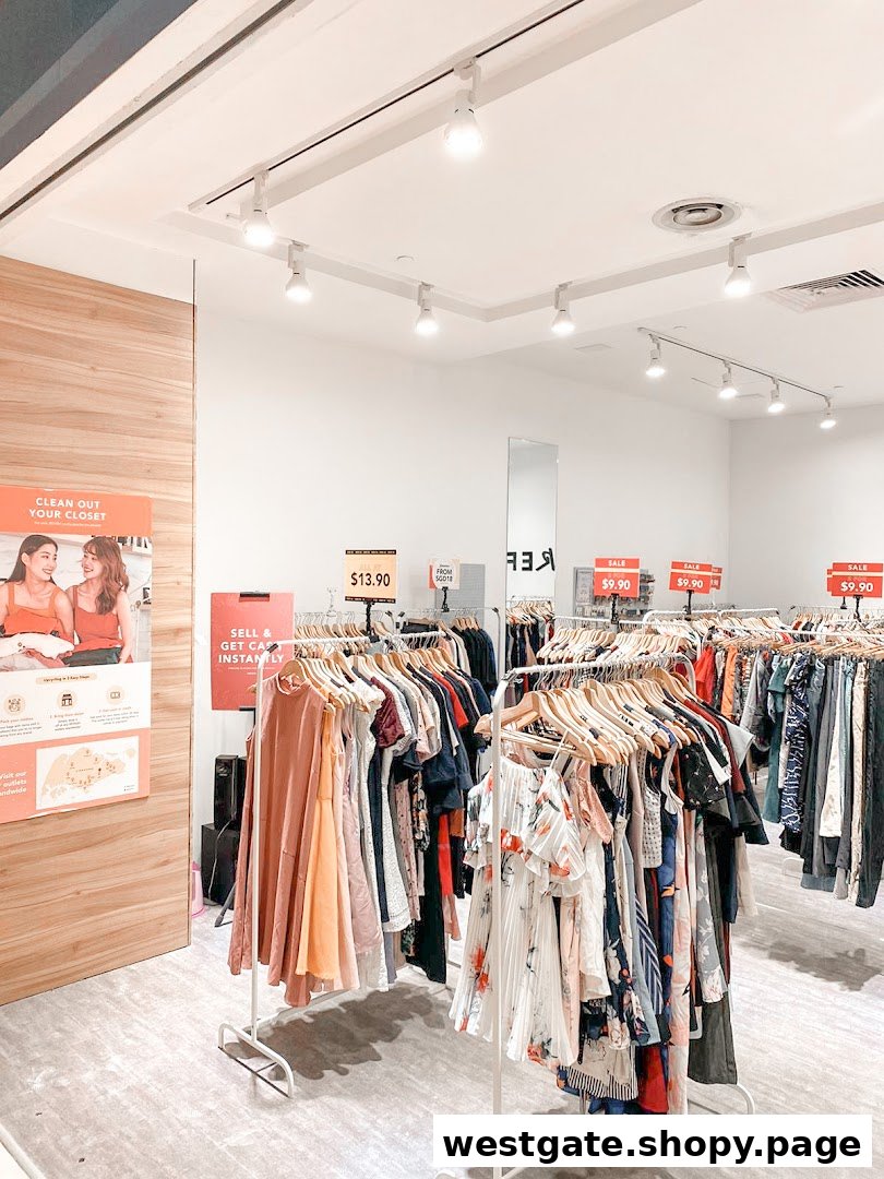 Bright retail interior of REFASH Westgate, showcasing racks of pre-loved clothing with prominent sale signs.