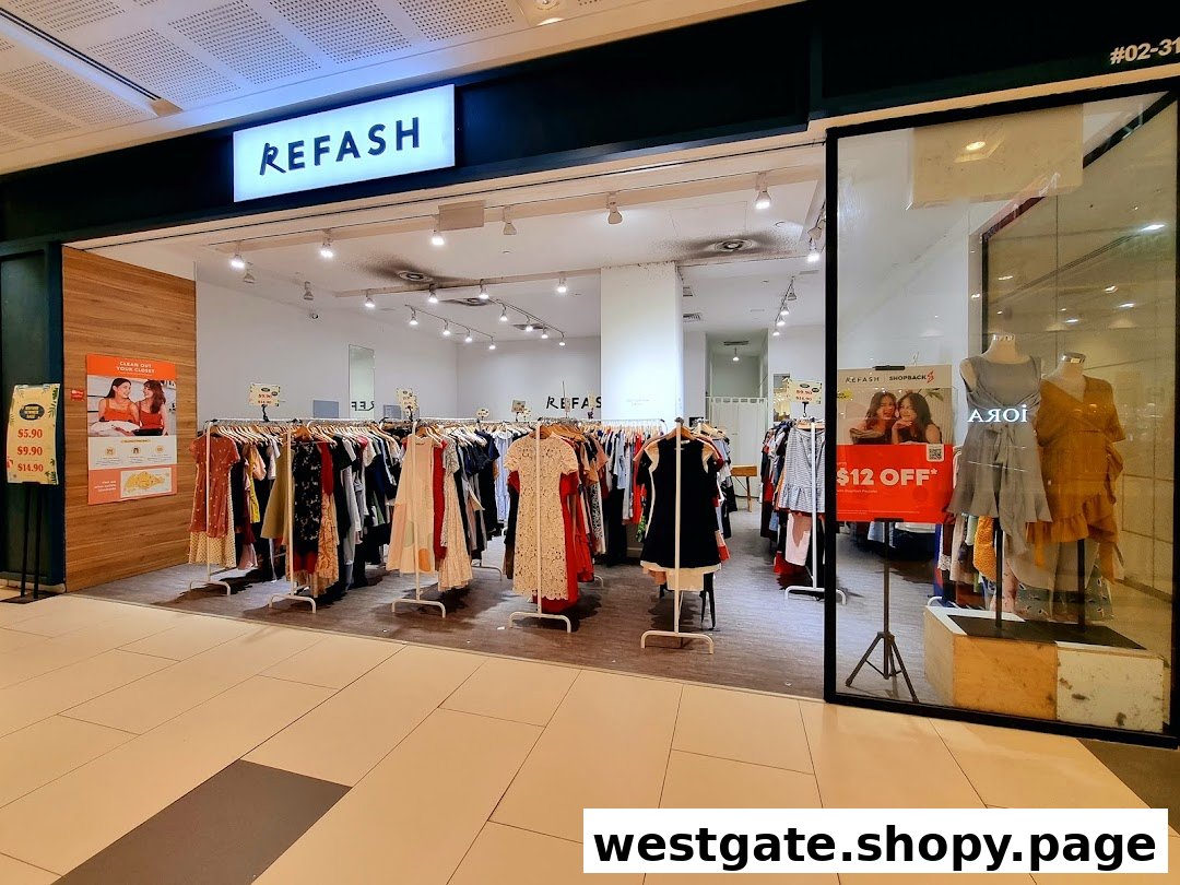 The brightly lit entrance of REFASH, a pre-loved fashion store, with clothing racks and display mannequins.