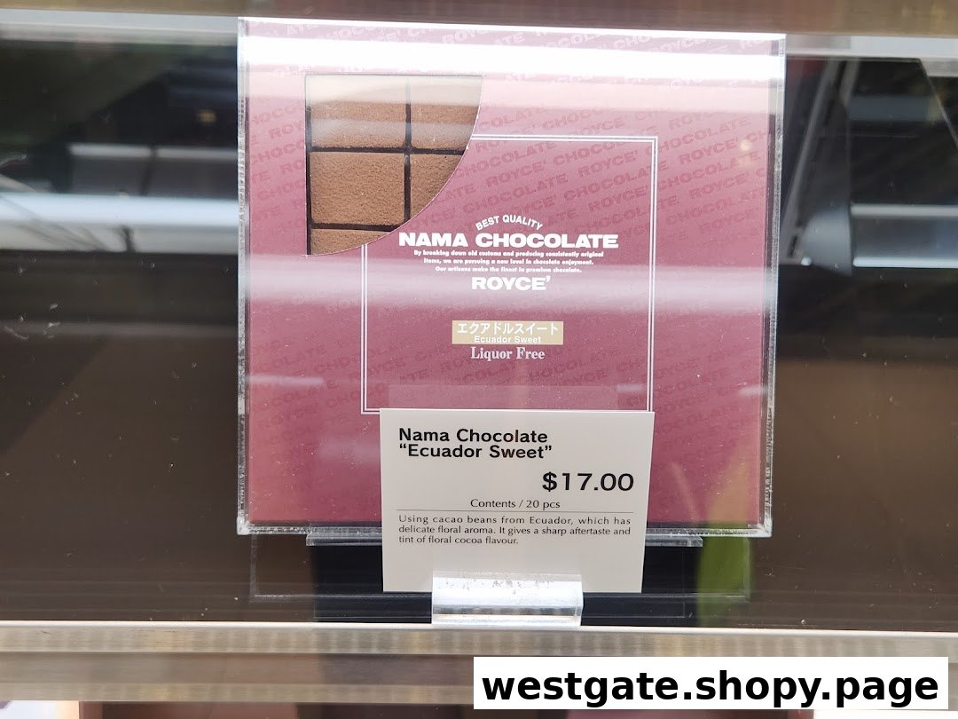 Close-up of Royce' Nama Chocolate 'Ecuador Sweet' product display with price and details.