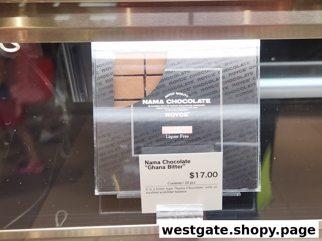 A close-up of Royce Nama Chocolate 'Ghana Bitter' displayed with its price and product details.