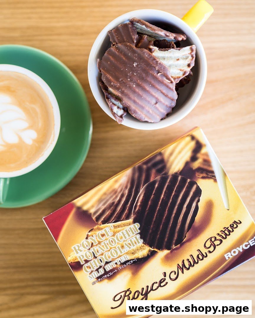 Overhead view of Royce's chocolate potato chips, a box, and a coffee cup on a wooden table.