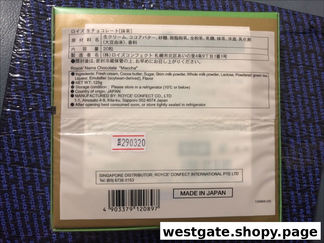 Close-up of the back of a Royce' Nama Chocolate 'Maccha' box, detailing ingredients and product information.