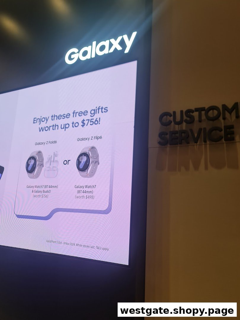 A Samsung Galaxy display showcasing free gifts with phone purchases, alongside a 'CUSTOMER SERVICE' sign.