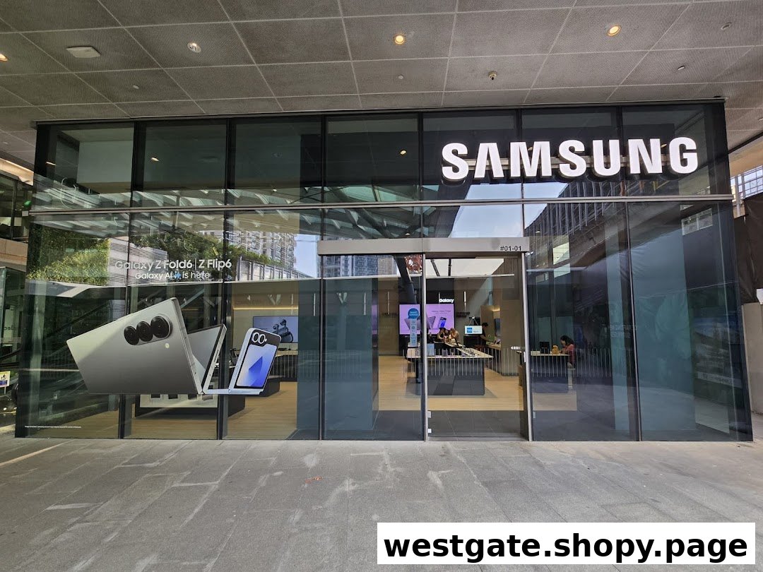 The glass facade of a Samsung Experience Store showcasing the latest Galaxy Z Fold6 and Z Flip6 models.