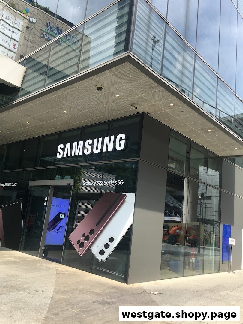 The modern exterior of a Samsung Experience Store featuring large glass windows and displays of the latest Galaxy S22 Series 5G phones.