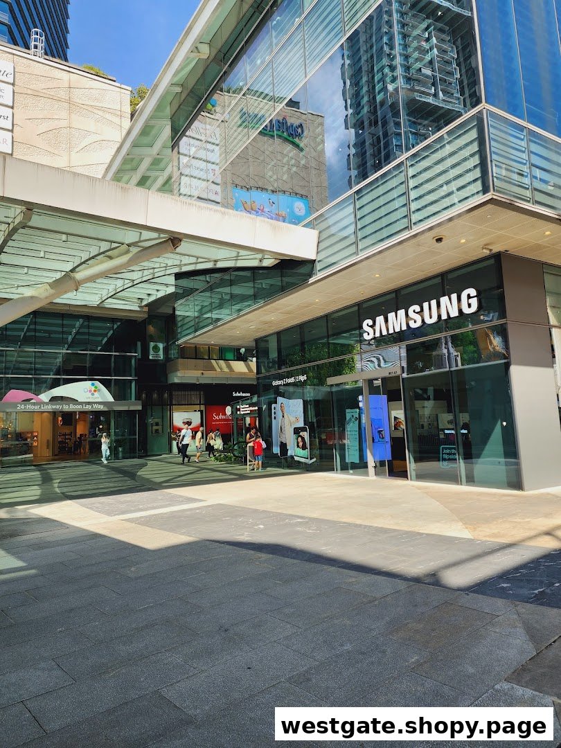 Exterior view of the Samsung Experience Store entrance within a modern shopping complex.