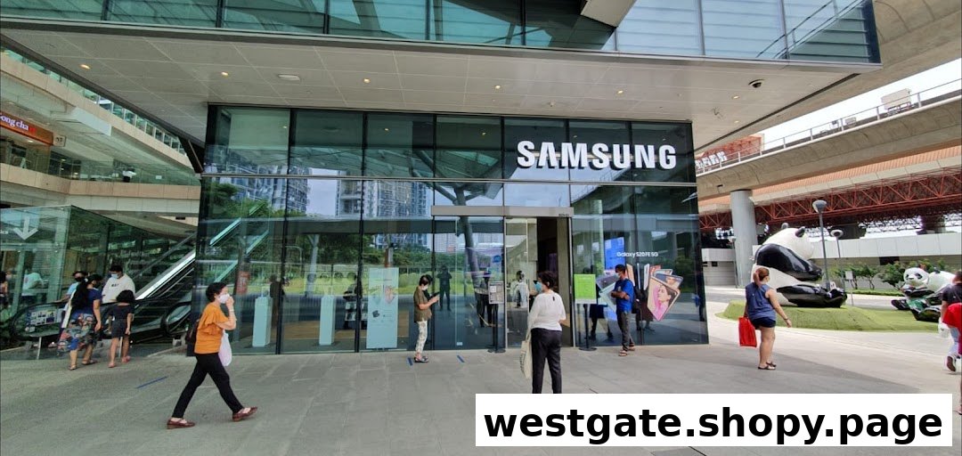 The modern glass facade of a Samsung Experience Store with people entering and exiting.