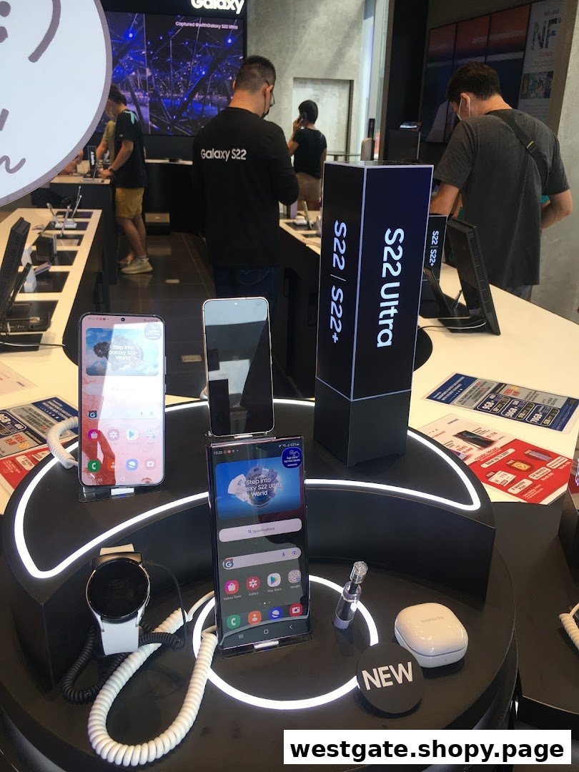 Customers browse the latest Samsung Galaxy phones, smartwatches, and earbuds on interactive displays in a modern store.