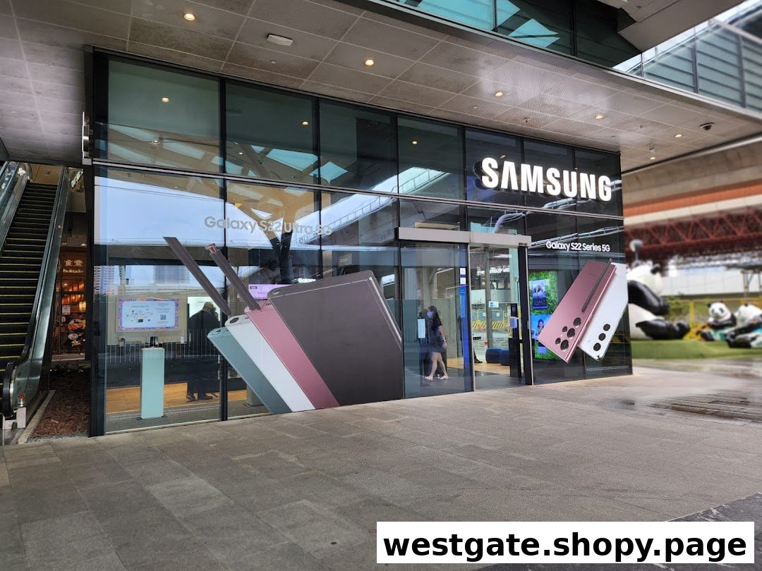 Exterior view of the Samsung Experience Store, showcasing large glass windows with promotional graphics for Galaxy S22 series phones.