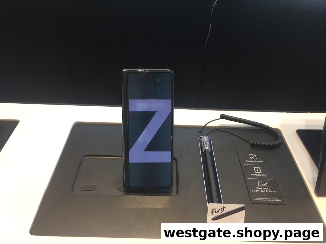 A Samsung foldable phone (Z Fold) and S Pen on display, highlighting large screen, multitasking, and S Pen compatibility.