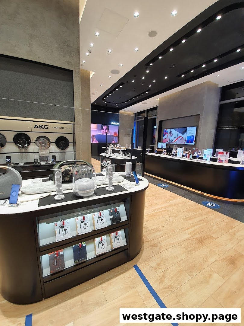 Interior view of a modern Samsung Experience Store showcasing various electronics, headphones, and interactive display screens.