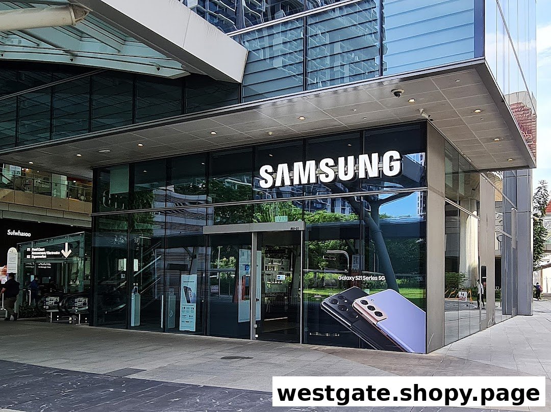 Exterior view of a Samsung Experience Store with large glass windows and product displays.