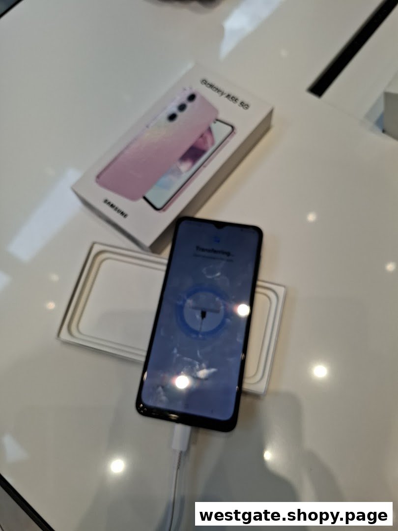A Samsung Galaxy A55 5G phone is shown charging next to its open box on a white display.