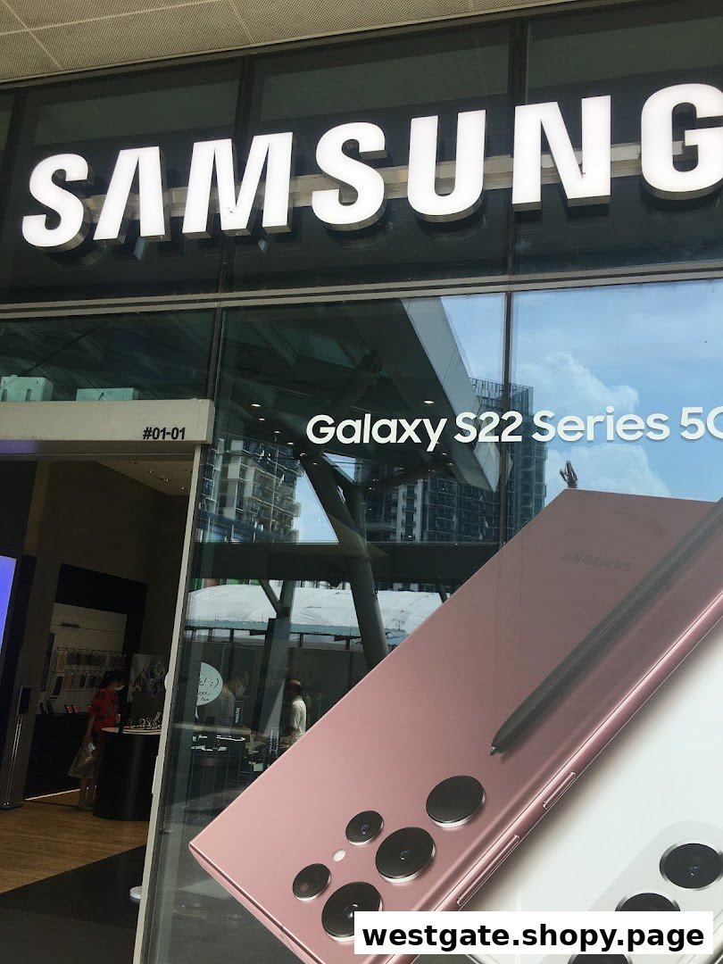 The Samsung Experience Storefront features a large logo, a prominent Galaxy S22 Series 5G display, and visible interior.