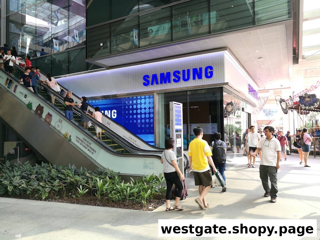 Exterior view of Samsung Service Centre Westgate, featuring its entrance, an escalator, and shoppers.