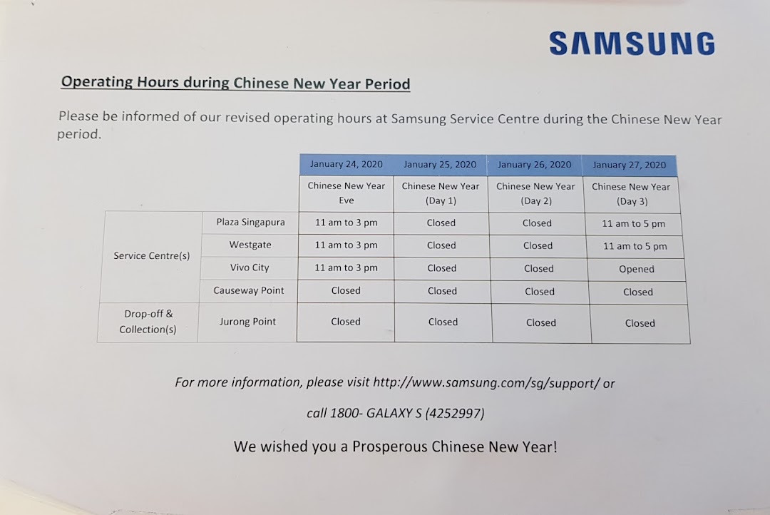 A notice displaying Samsung Service Centre's Chinese New Year operating hours for various locations.