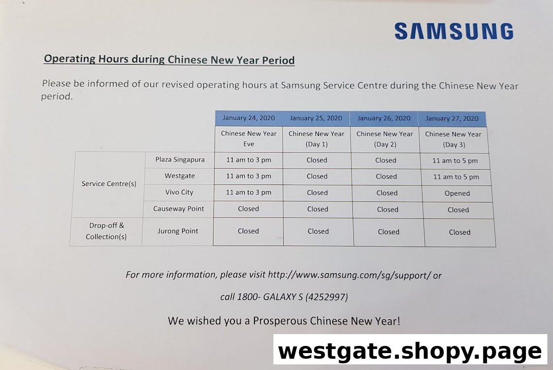 A notice displaying Samsung Service Centre's Chinese New Year operating hours for various locations.