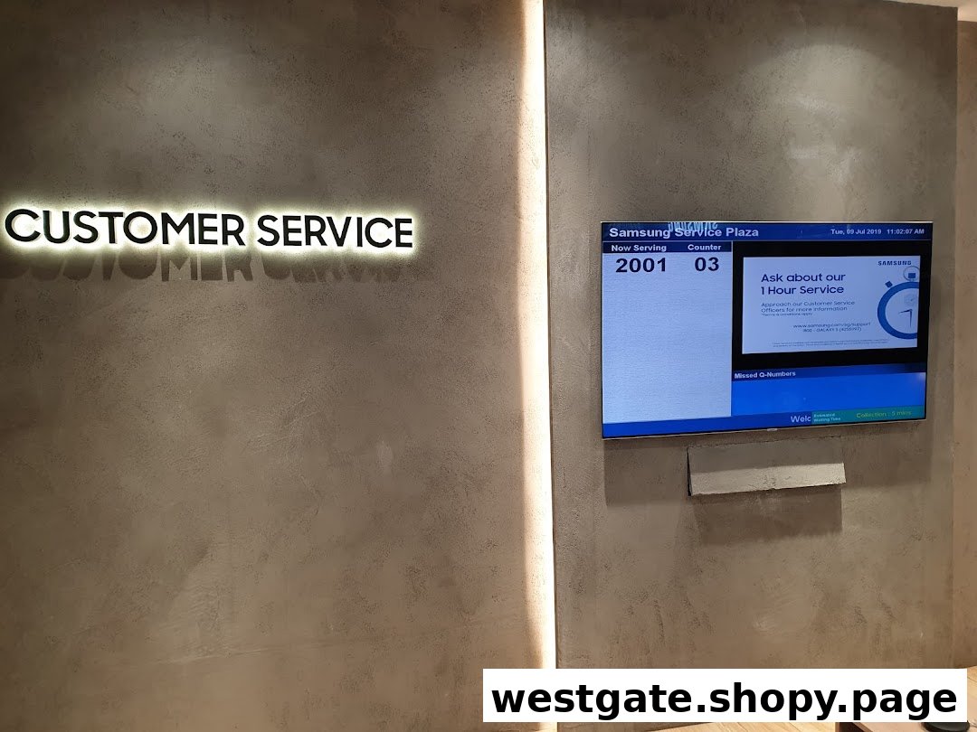 Interior of Samsung Service Centre with 'Customer Service' sign and queue display.