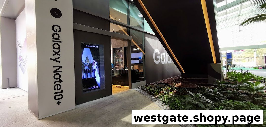 Exterior view of Samsung Service Centre Westgate, featuring Galaxy Note10+ signage and a digital display.