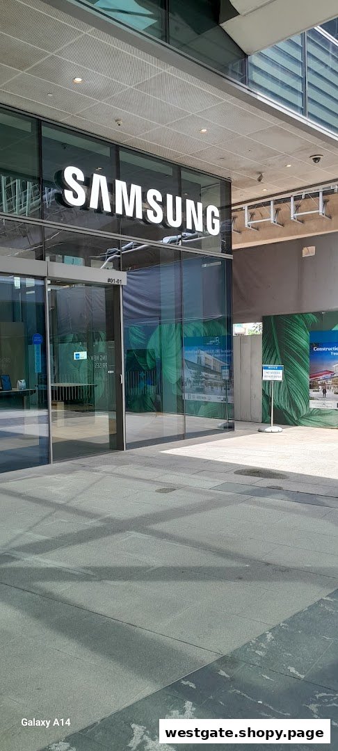 Exterior view of the Samsung Service Centre Westgate entrance with large Samsung logo.