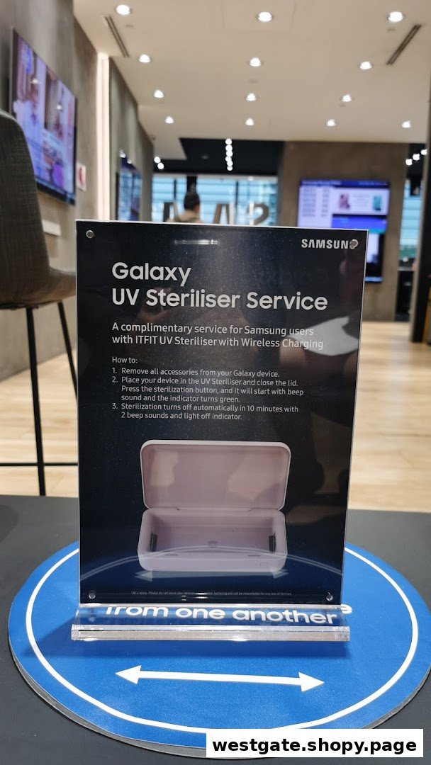 A Samsung Service Centre display sign detailing a complimentary UV steriliser service for Galaxy devices.