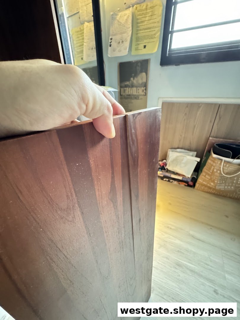 A close-up of a hand touching a wooden furniture piece, showcasing its texture and craftsmanship.