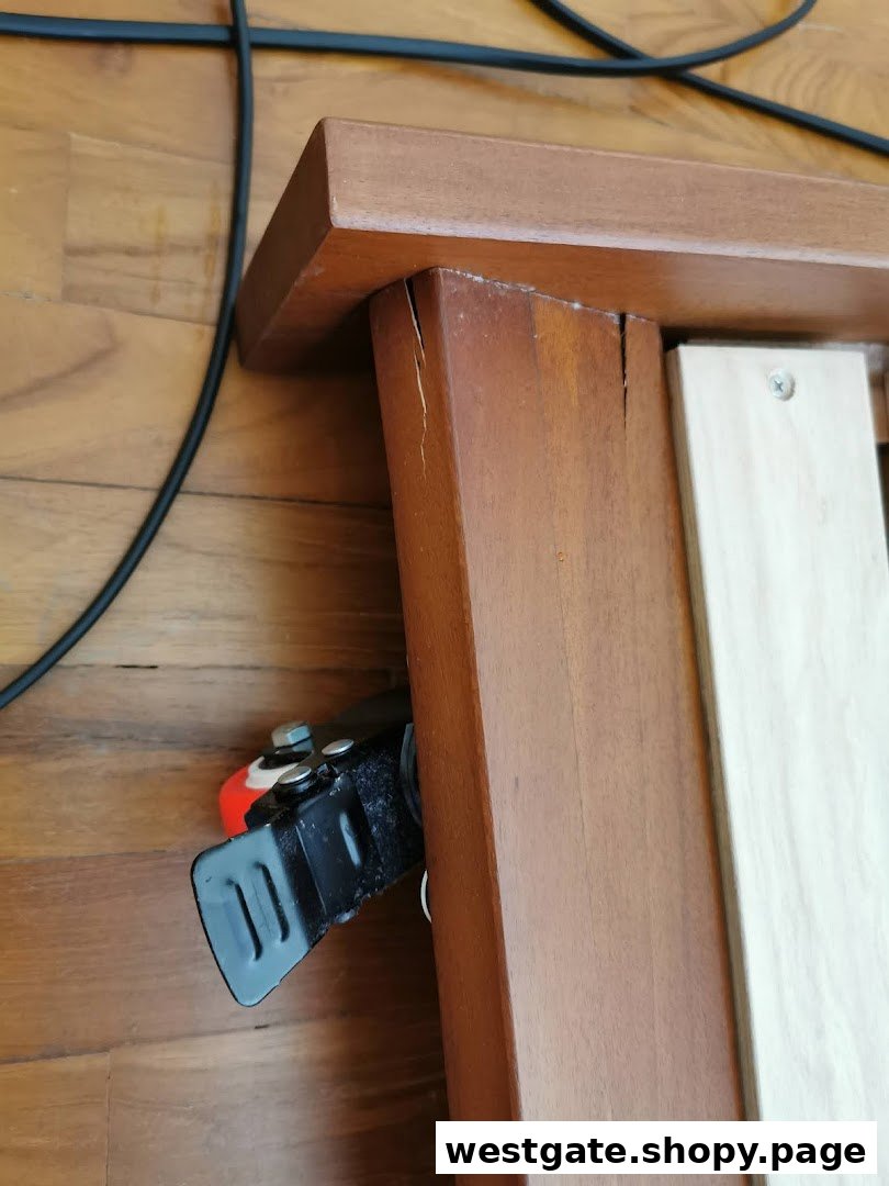 Close-up of a wooden furniture piece, possibly a bed frame, showing wood grain and a wheel mechanism.