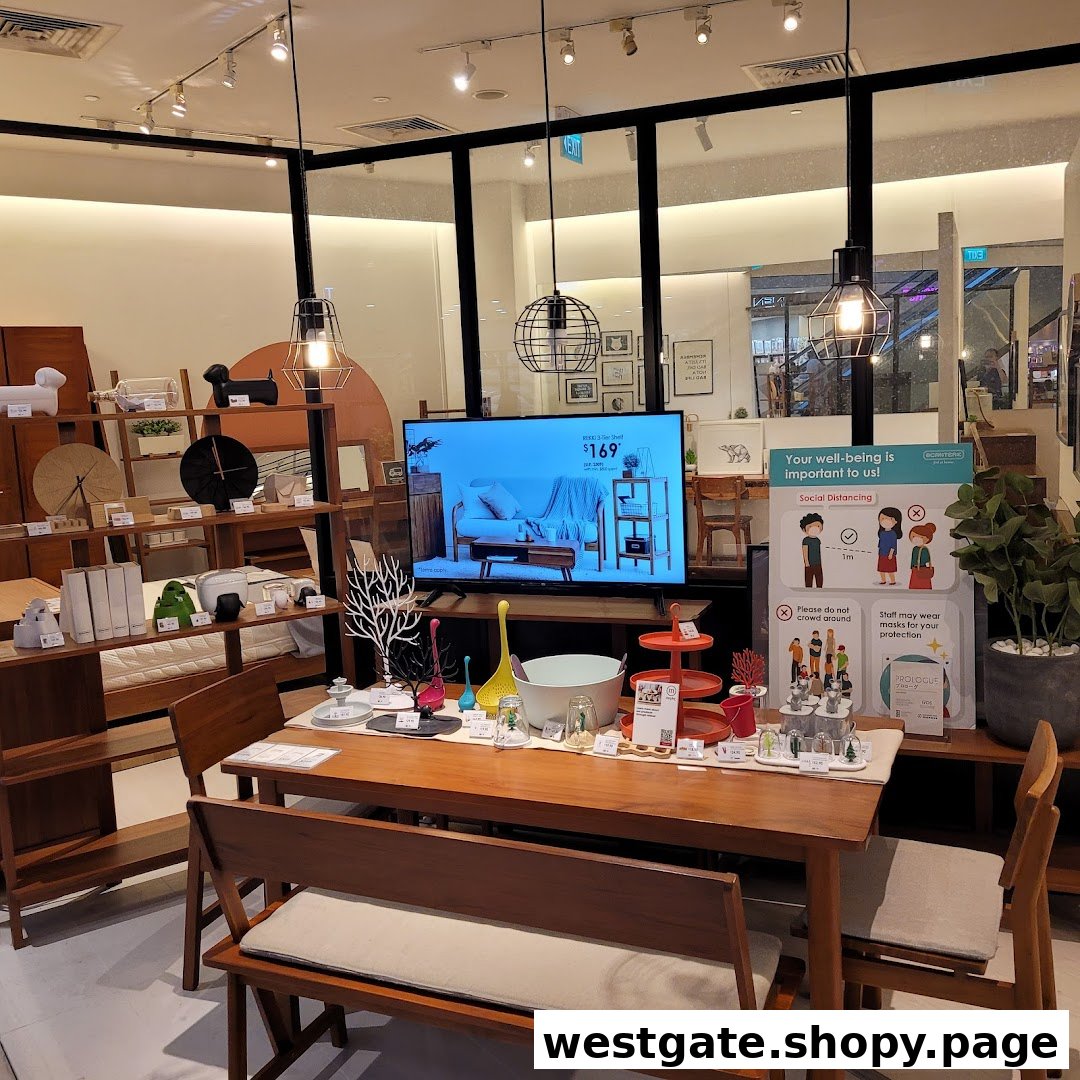 An interior view of Scanteak Signature, showcasing a dining set, shelves with home decor, and a product display.
