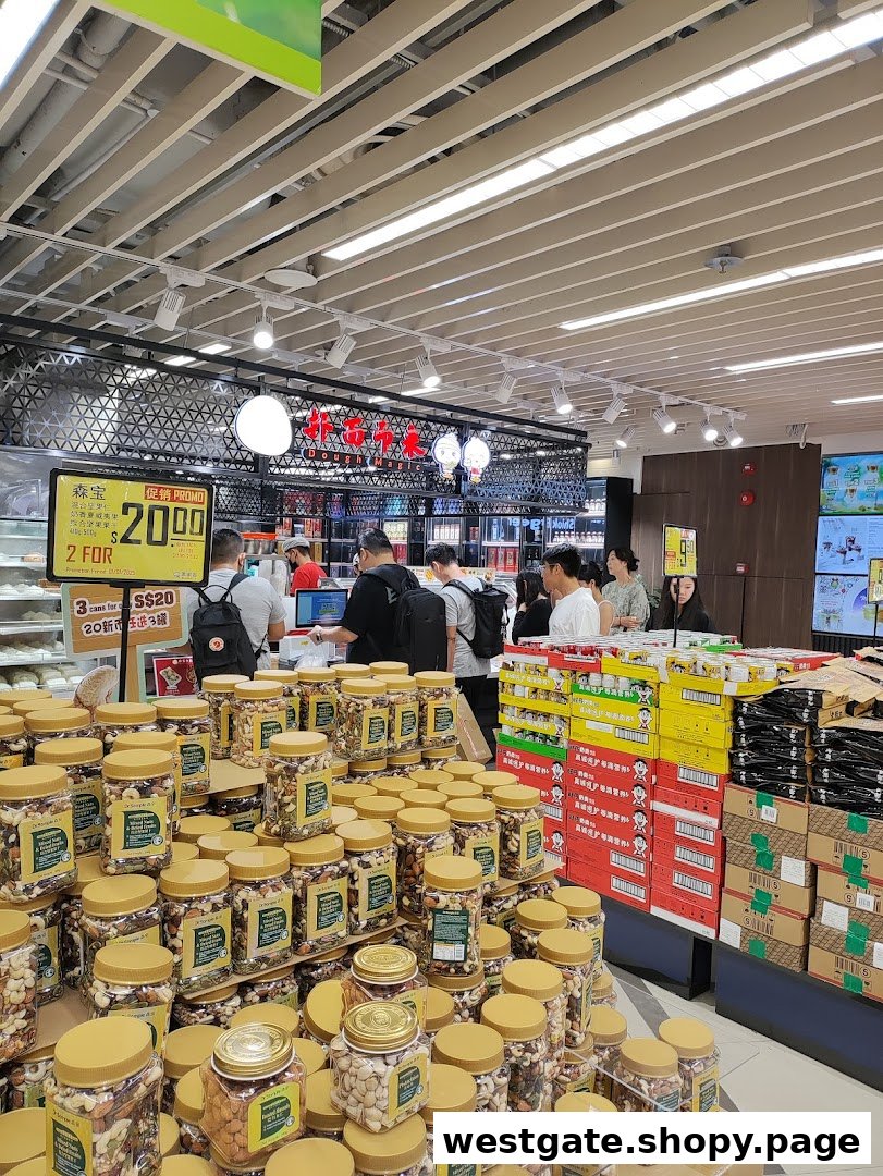 An interior view of Scarlett Supermarket, showcasing a large display of nuts and customers at the checkout.