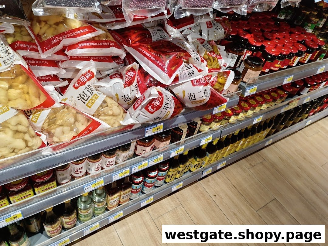 Shelves at Scarlett Supermarket display various Asian packaged foods, sauces, and pickled items.